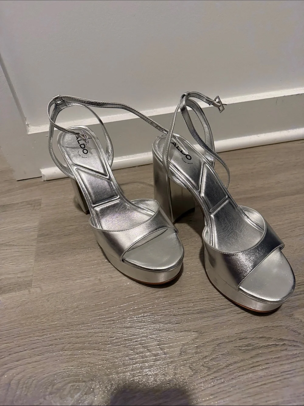 Aldo Silver Metallic Platform Block Heel Sandals